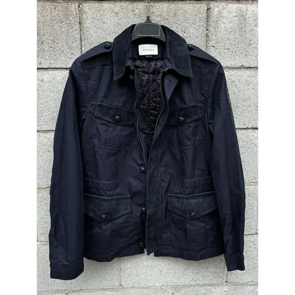 GUCCI Cotton Blend Leather Washed Gabardine Jacket Blue Sz 48 US 38